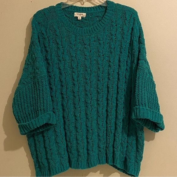Umgee Green Size S Chunky Cable Knit Open Front 3/4 Sleeve Cardigan Sweater - Picture 1 of 9